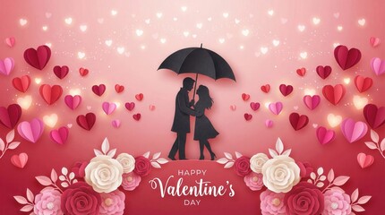 Romantic paper cut illustration of a loving couple embracing under an umbrella surrounded by decorative red and pink hearts and elegant flowers on Valentines Day