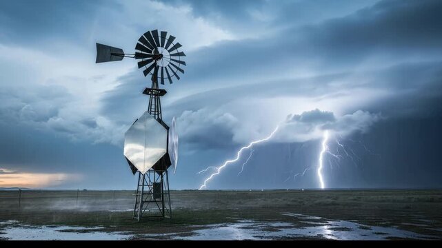 Windmill stands against a stormy, rain-swept rural landscape.