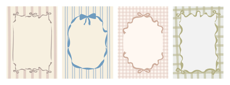 Vintage hand drawn ribbon frame background templates with bows on pastel striped and plaid patterns. Soft retro decorative borders for invitations, branding, spring design. Vector illustration.