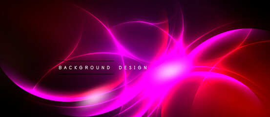 Abstract vibrant design. Swirling neon shapes create dynamic energy. Dark background emphasizes bright pink, red hues. Modern aesthetic.