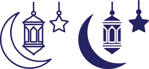 Obraz premium Ramadan islamic crescent moon, hanging lantern, star, stylized, minimalist, geometric, dark blue vector illustration