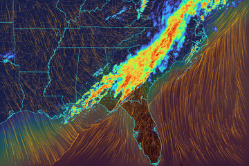 Weather map portraying radar data overlayed with temperature and wind lines, for the january 2026 United States snow storm © Oană Liviu