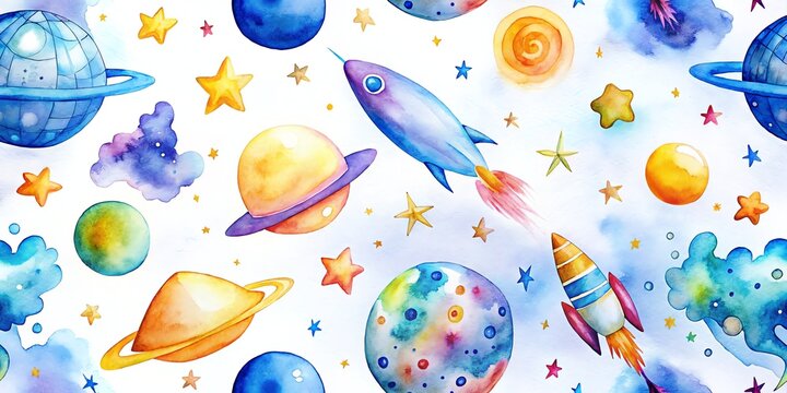 Cosmic watercolor pattern with planets, rockets, and stars, vibrant space adventure design