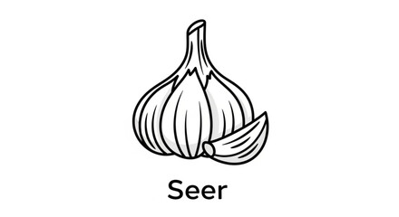 Black and white illustration of a bulb of garlic with one clove peeled simple line drawing on white background