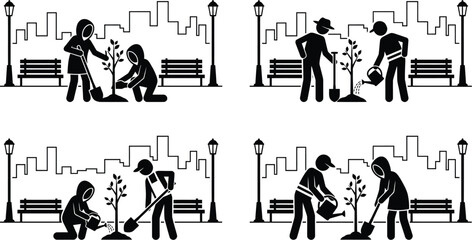 Volunteers planting saplings in urban park flat design illustration