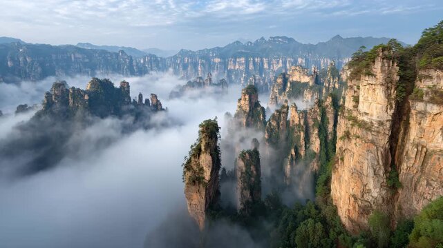 4K Majestic zhangjiajie national forest park landscape with towering sandstone pillars emerging from a sea of mist at sunrise, hunan, china video