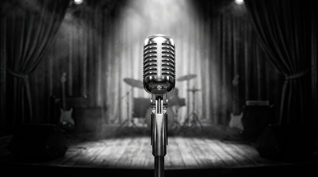 Black and white microphone on racked open mic night concept. A vintage microphone stands alone on a dimly lit stage.