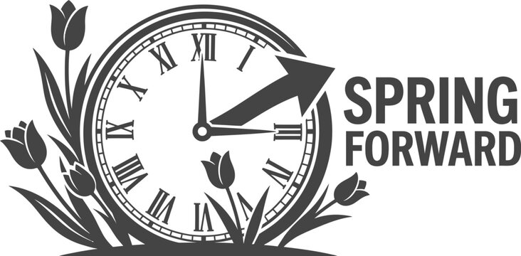 Clock with blooming spring tulips representing time change concept
