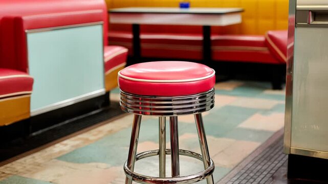 4K Retro red and chrome bar stool in a classic american diner interior video
