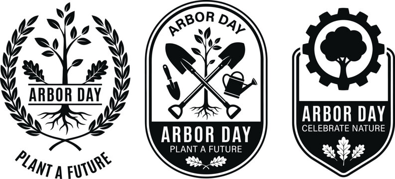 Arbor day badge and sticker design set with trees