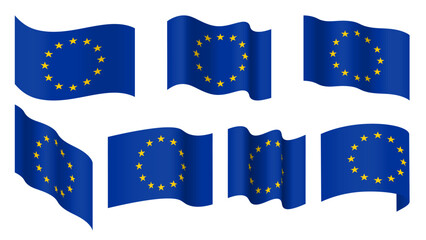 EU flag set, European union waving flag collection. National symbol. European Union flags 3d vector illustration. Design element for banner, presentation. sale, discount, advertisement, web. © Julia