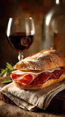 Italian panini sandwich with salami, cheese, and red wine