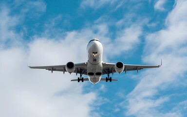 Obraz premium Front view of a commercial airplane approaching against a bright blue sky with scattered clouds.