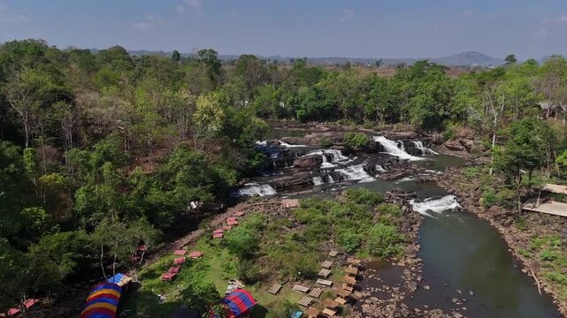 Wide aerial of Tad Hang Waterfall and Bolaven Plateau