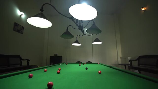 Billiard Pool table with balls. Cinematic billiard table shot.