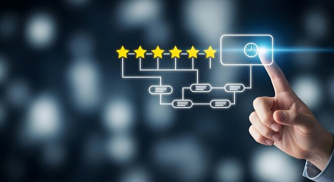 A hand interacting with a glowing rating and flowchart interface