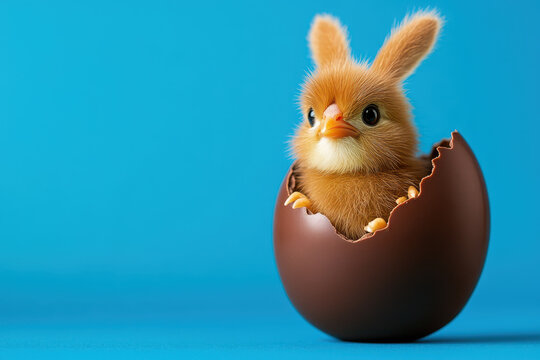 Cute bunny chick chocolate egg blue background easter spring holiday concept with fluffy newborn animal sitting inside broken shell, playful fantasy candy decoration for festive celebration