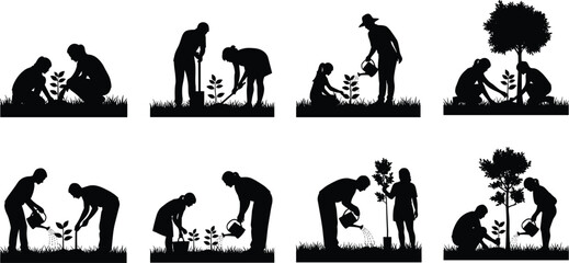 Silhouettes of people gardening and nurturing plants in a series of stages planting © Arafat