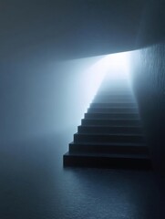 Obraz premium Set of stairs leading up to the top of a dark room. the stairs are made of concrete and are illuminated by a bright light that is shining down from the top right corner of the image.