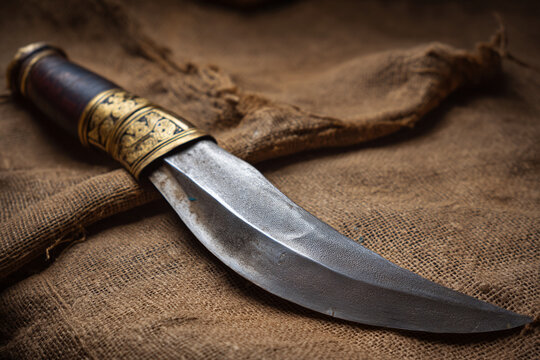 A close-up of traditional Nepalese 'Gorkhali' knife (Khukuri), its distinctive curved blade, symbolizing bravery and cultural heritage.