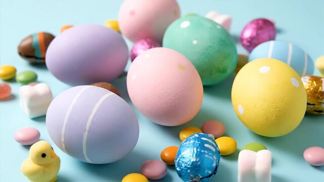 Colorful easter eggs and candy on light blue surface still life