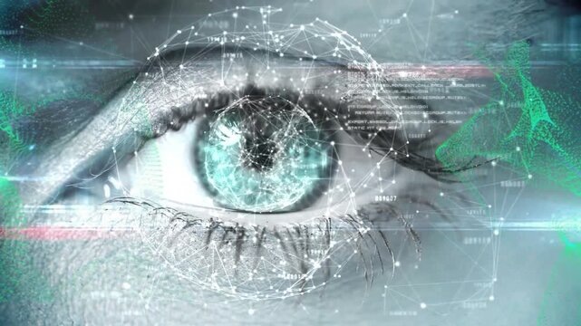 Animation of dots forming globe, computer language and abstract pattern on human eye