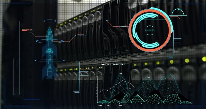 Animation of digital rocket and data processing over server room