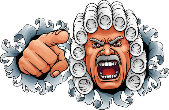 An angry judge cartoon character pointing at the viewer with his finger