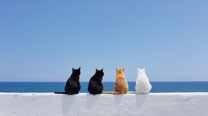 Four cats sitting together on a white wall, looking out at the calm blue sea