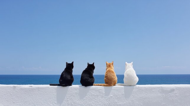 Four cats sitting together on a white wall, looking out at the calm blue sea
