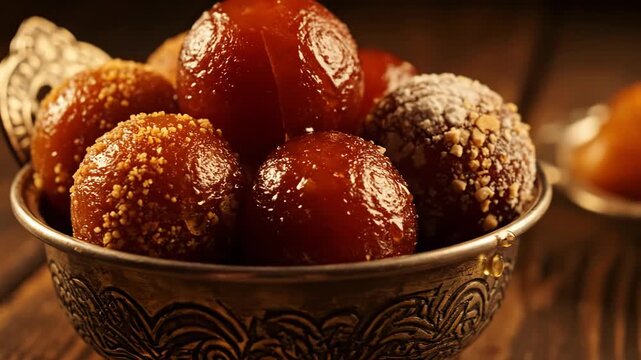Traditional Indian Sweet Gulab Jamun in a Decorative Bowl.