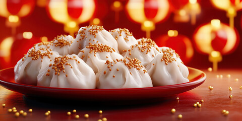 Dumpling dessert sweet pastry festive golden sprinkle plate red celebration dumpling dessert on red plate with golden sprinkle topping for warm festive celebration background