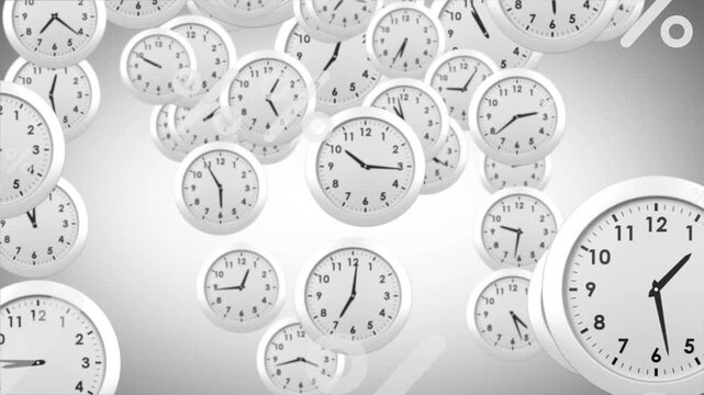 Animation of multiple percentile symbols over falling clock against abstract background