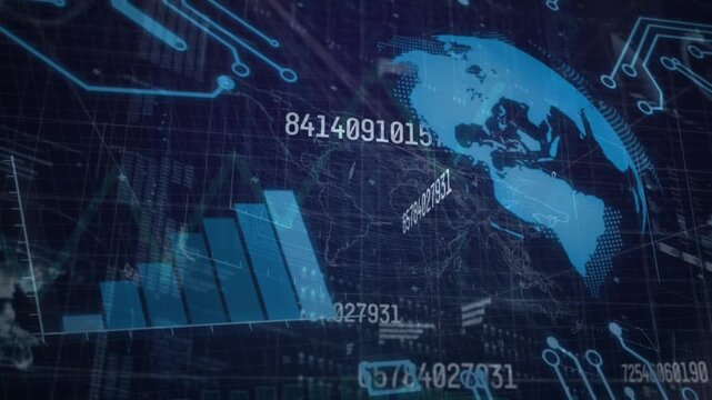 Animation of changing numbers over graph, globe and circuit board pattern on map and globe