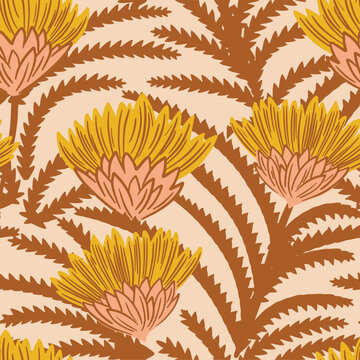 Minimalist floral block damask seamless pattern. Large flower lush leaves bohemian home decor. Neutral Earthy Japandi Textile Texture, warm colours brown pink yellow 