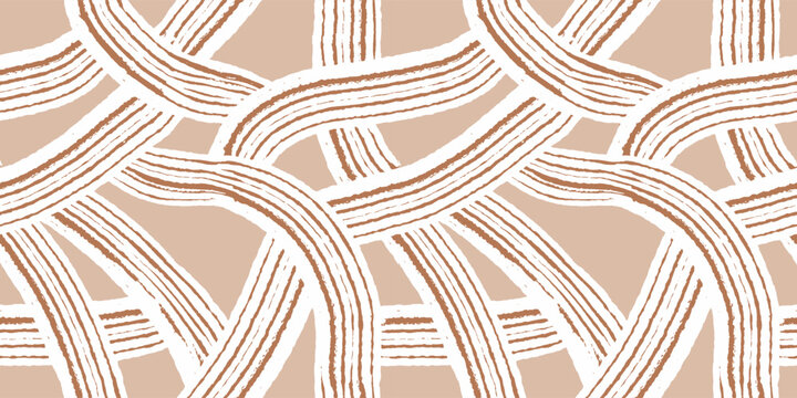 Neutral lines seamless pattern, abstract geometric home decor. Pastel beige aesthetic. Interwoven Terracotta and Beige Abstract Line Pattern. Modern organic flow