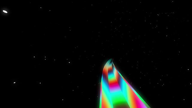 Vivid multicolor road or path stretching into a star-filled night sky with a surreal and abstract space travel theme