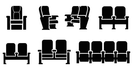 Group of black silhouette seats and chairs for public spaces like theaters and stadiums, auditorium seating arrangements, comfortable chairs for events and entertainment venues © Md