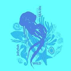 Vector sea animals background. Jelly fish with shells, seaweed, starfish, seahorse, coral fish, corals silhouettes.