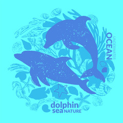 Naklejka premium Vector sea life background. Dolphins with shells, seaweed, starfish, sea turtle, coral fish, octopus, corals silhouettes.