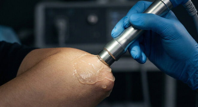 Physiotherapist using shockwave therapy device on patient's elbow with gel close up.