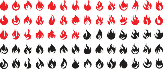 Fire icon collection. Fire icons, flames, flame of various shapes, bonfire vector illustration. Fire flame symbol. Bonfire silhouette logotype. Flames symbols set