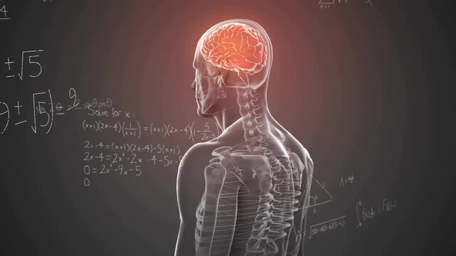 Animation of cross section of male body with glowing brain over mathematical equations