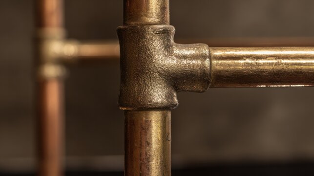 Detailed close-up of a brass pipe joint linking copper tubing in an industrial assembly context.