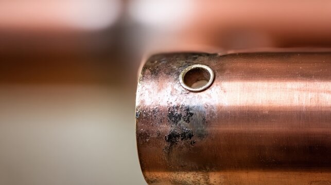 Macro view of a polished brass coupling joining copper pipes under controlled industrial lighting.