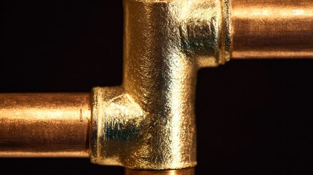 Close-up of a shiny brass joint connecting two copper pipes. safety posters, maintenance manuals, designed for industrial assembly lines and welding operations, used by engineers.