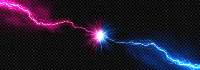 Pink and blue lightning bolts collision. Vector illustration of realistic shock burst flash and color fog on dark checkered background, perfect for versus themes, gaming, and sports banners. © Yaran