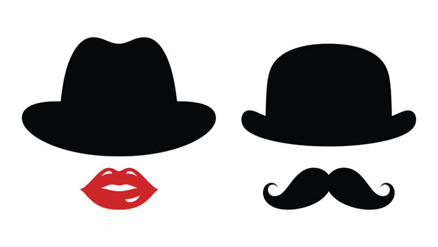 A playful composition featuring hats lips and a mustache in a graphic style