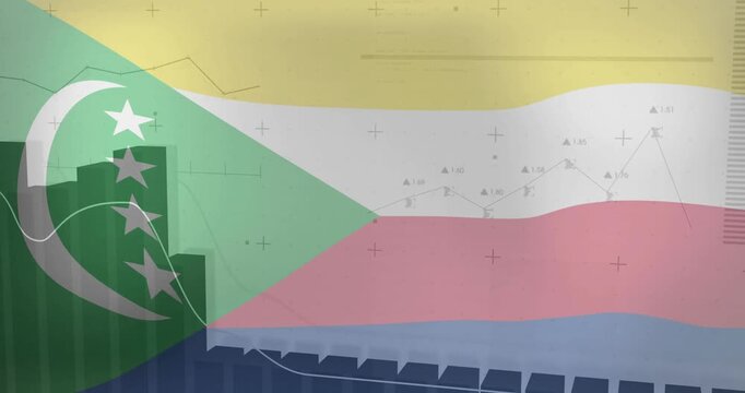 Financial data and graph animation over Comoros flag background