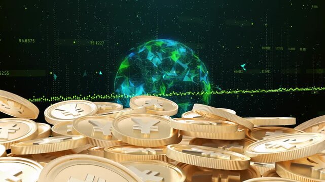 Animation of yen symbols on golden coins with digital globe and data in background
